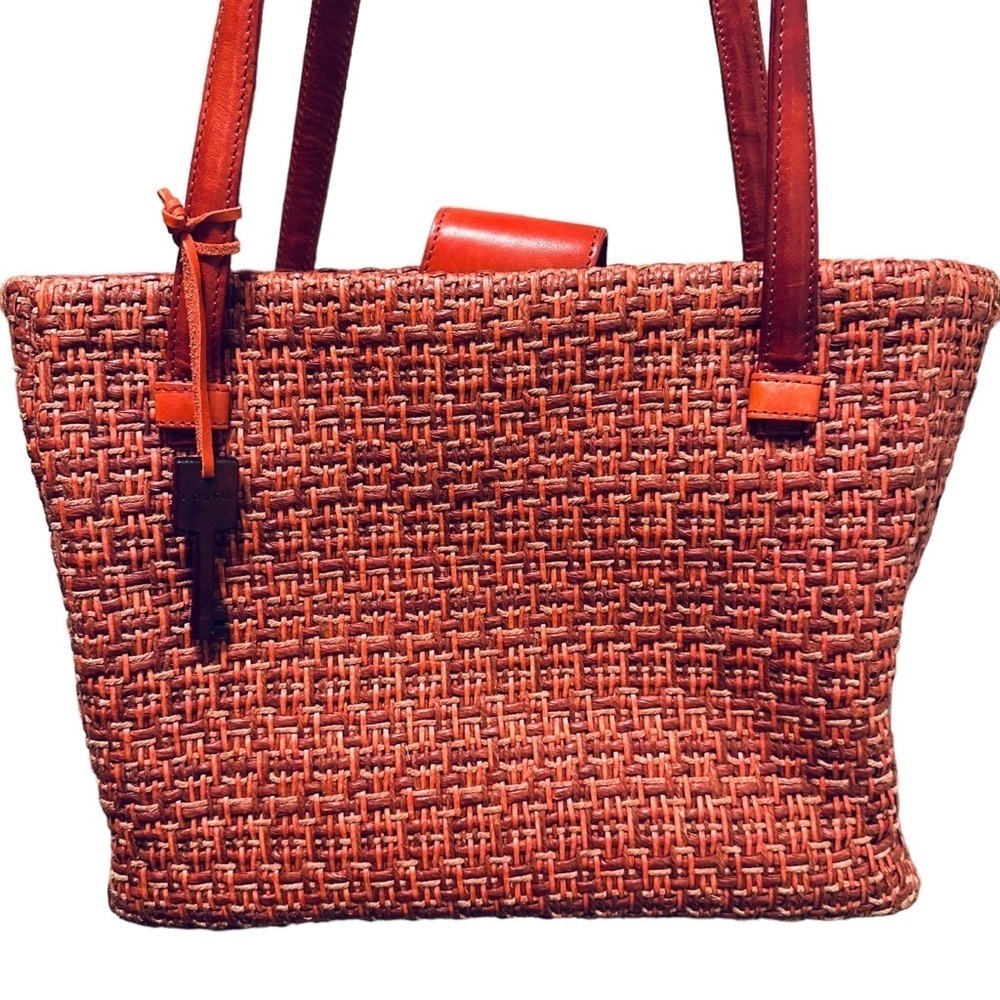 Vintage Fossil Rattan Weave Satchel w/Leather Handles Brown Earth Neutral Tones